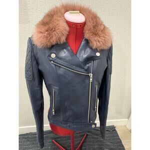 Samantha Sipos Women's Lambskin Fox Fur Jacket Lining Rabbit Blue Size S